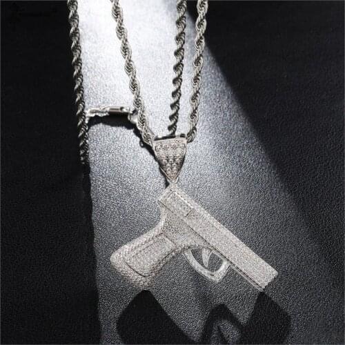 Hip Hop Bling Iced Out Cubic Zircon GUN Shape Pendant & Necklaces Copper Necklace Mens Jewelry With Rope Chain Colgante Hombre