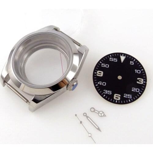 Polished Men 39mm Automatic Watch Case fit NH35A NH36A Seeing Glass Back Sterile Black Dial Luminous Hand Sapphire
