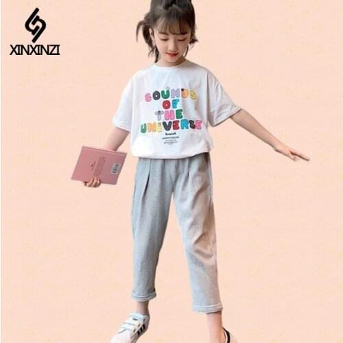 New Summer Girls Sets Two Pieces Children Clothes Tracksuit T Shirt + Long Pants Casual Kids Outfits Size 3 4 5 6 7 8 10 12 Yrs