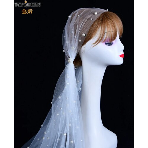 TOPQUEEN V12 Bridal Veil with Headband Hats Pearls Beaded Wedding Veil Flower Girl Veil Bridal Veils with Blinkon It 2021 New