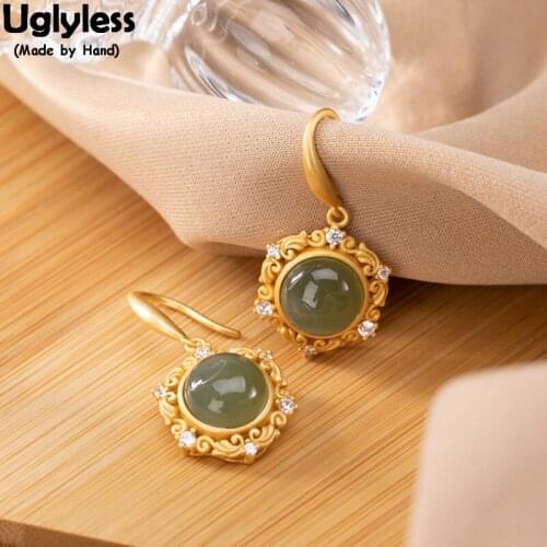 Uglyless Palace Vines Hexagon Floral Earrings for Women Zircons Jade Earrings 100% Real 925 Silver Women Dress Fine Jewelry Gems