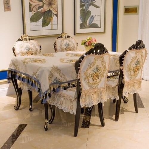 High-end Dining Chair Cover Cushion Set Silk Jacquard Lace Lace Tablecloth Royal Luxury Table Cloth Chair Cover Wedding Decor
