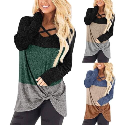 Women Casual Long Sleeve Cross V Neck Color Blocks Side Hem Knot Blouse T-shirt perfect gifts for friends daily wear