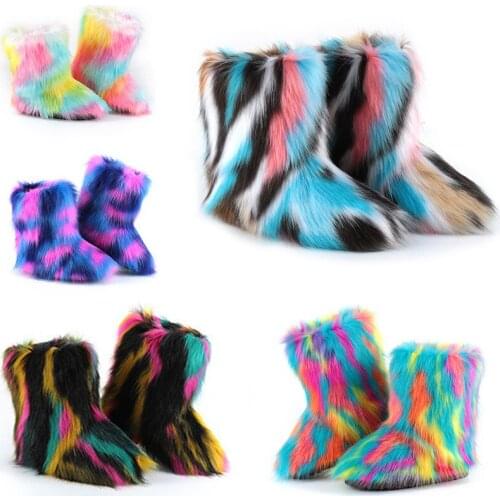 Women Faux Furry Boots Girls Winter Outdoor Warm Cotton Shoes Ladies Fluffy Snow Boots Female Indoor Plush Platform Shoes Hot