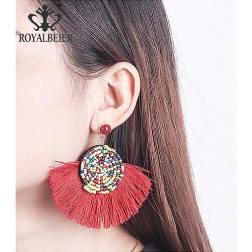 Royaleier Handmade Colorful Bead Earrings For Women Boho Big Exaggerate Sector Tassel Earring Girl‘s Fashion Jewelry Party Gift