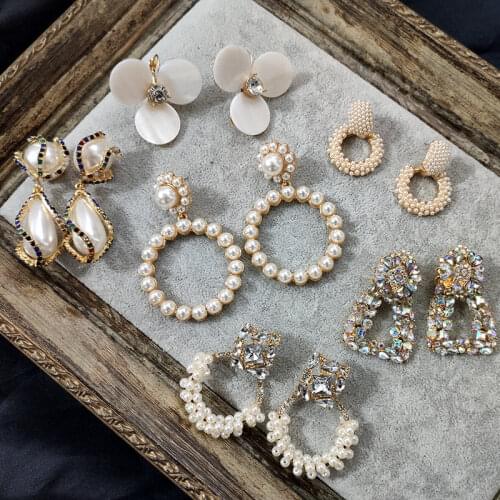 Flatfoosie New Simulated Pearl Drop Earrings For Women Geometric Round Shiny Colorful Crystal Statement Earrings Fashion Jewelry