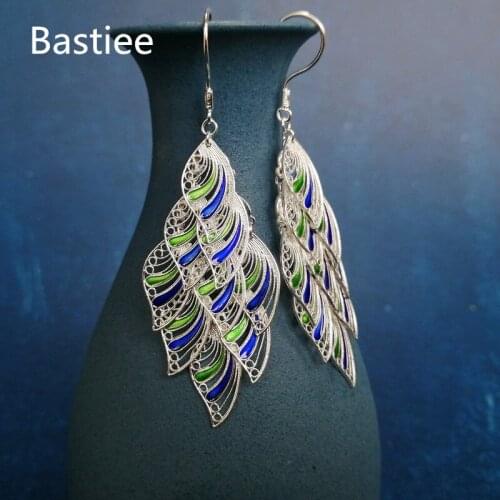 Bastiee Cloisonne Enamel Jewelry 999 Sterling Silver Feather Earrings For Women Miao Handmade Big Drop Dangle Earing Blue Ethnic