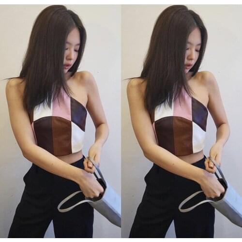 Kpop Seo Yea Ji IU Lee Ji Eun Nightclub plaid Sleeveless sling vest Cropped Top women summer sexy hanging neck PU leather tops
