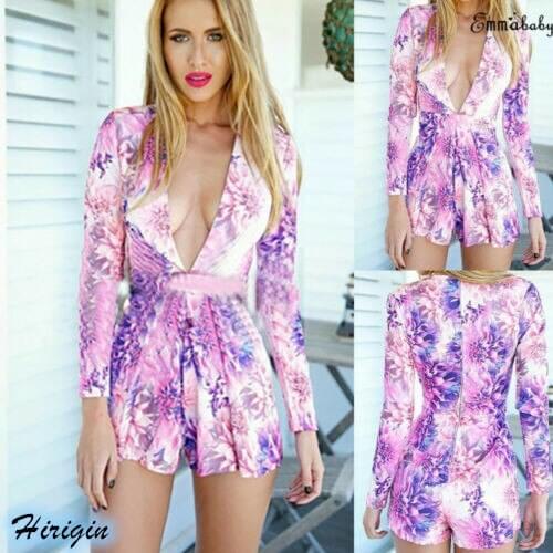 Summer Jumpsuits 2019 New Women Summer Casual Long Sleeve Deep V-Neck High Waist Print Loose Jumpsuit