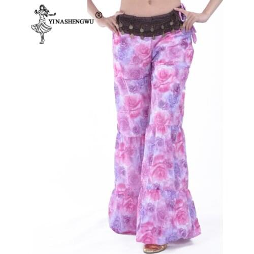 Women Belly Dance Trousers Big Flower Pants Chiffon Belly Dancing Costume Loose Indian Dance Clothes Practice Belly Dance Pants