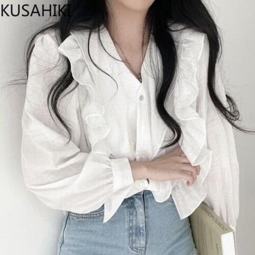 KUSAHIKI Chic Ruffle V-neck Womens Tops Korean Puff Sleeve Elegant Blouse Shirt 2021 Autumn New Top Blusa Camisas De Mujer 6K919