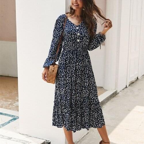 GOOHOJIO Spring Autumn Elegant Floral Print Ruffles New Women Dress V-neck Midi Dress Ladies Full Sleeve Button Dress Vestidos