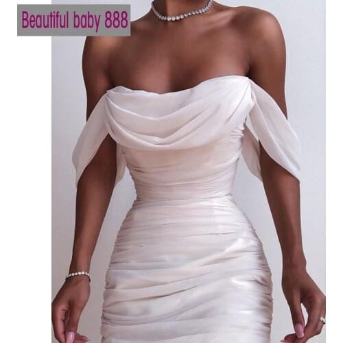 2020 New summer Off Shoulder Sexy Backless Mesh Ruched Dress for Women White Elegant Party Midi Dresses Strapless Bodycon Dress