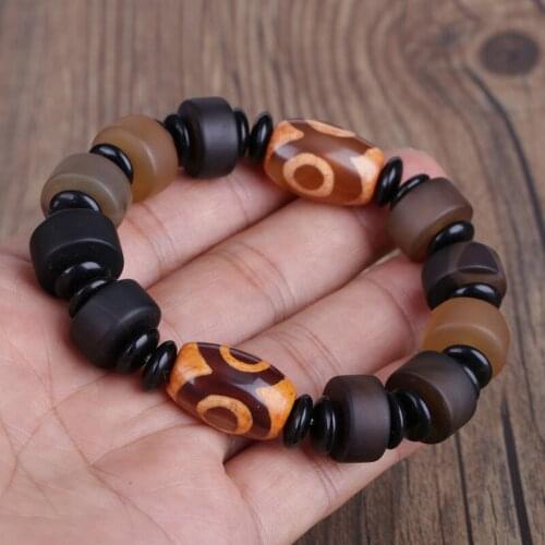 1pcs Flat Cylinder Matte Dark Brown Olive Green Yellow Black Onyx Semi Precious Stone Tibetan Buddhism Beads Unisex Bracelet