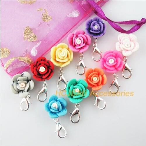 10Pcs Mixed Fimo Clay Flower Charms Silver Plated With Clasps 15mm