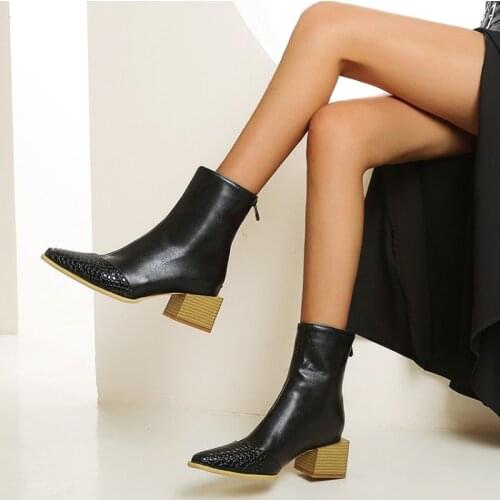 Plaid Pu Leather Stitching Square Toe Chunky Heel Chelsea Boots Thick Bottom High Heel Ankle Boots Shoes Women Winter Size 34-48