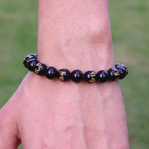10mm Black Obsidian Mantra Beads Bracelet Tibetan Mens Fashion Chakra Charm Bracelet Handmade DIY Jewelry Bracelet Pour Homme