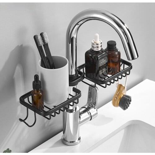 Black Aluminum Bathroom Kitchen Faucet Storage Rack Drain Basket Sink Dishcloth Rack Soap Holder Shower Storage Rack 1-2.8cm
