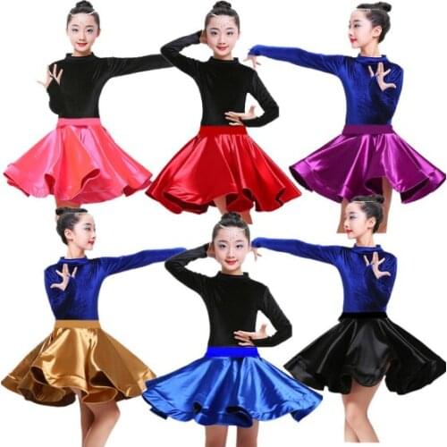 New Kids Girls Velvet Latin Dance Dresses Gymnastics Dancewear Tango Salsa Costume Big Circle Ballroom Skirt For Girls
