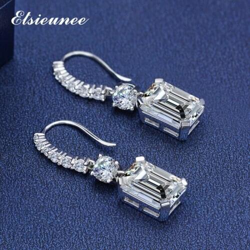 ELSIEUNEE 100% 925 Sterling Silver Emerald Cut Simulated Moissanite Diamond Dangle Drop Earrings for Women Wedding Fine Jewelry