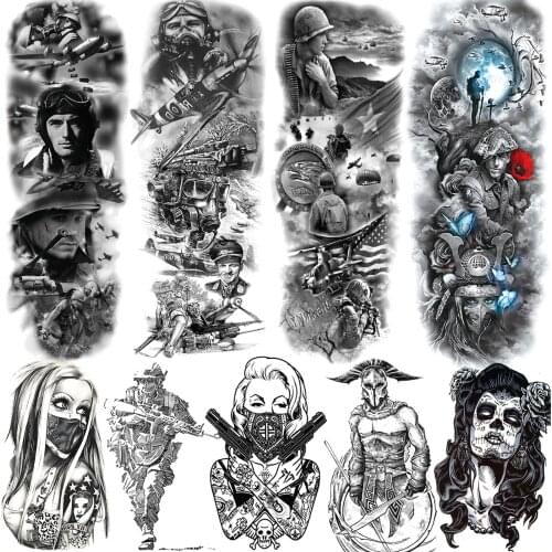 Tribal Military Soldier Temporary Tattoos Sleeve For Men Adult Fake Black Gangster Tattoos Sticker Full Arm Sleeve 3D Long Size