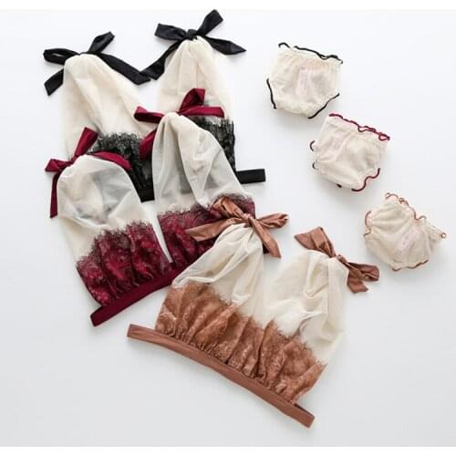 HONVIEY French summer underwear women set eyelash deep V mesh bow thin wirefree sponge-free bubble chest sexy bra set plus size