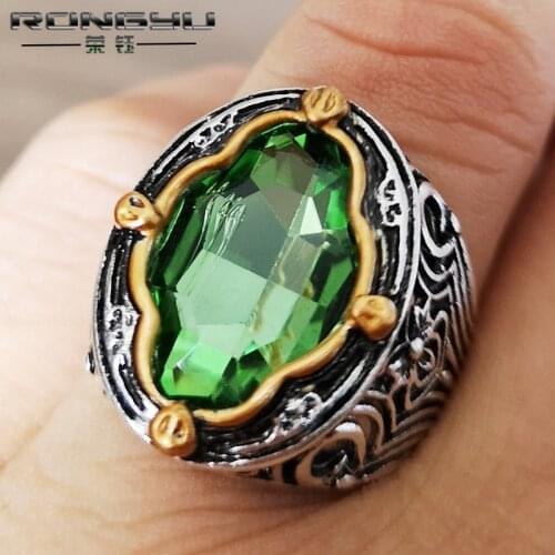 Popular party jewelry trend electroplating retro Thai silver two color ring oval olive emerald color separation ring