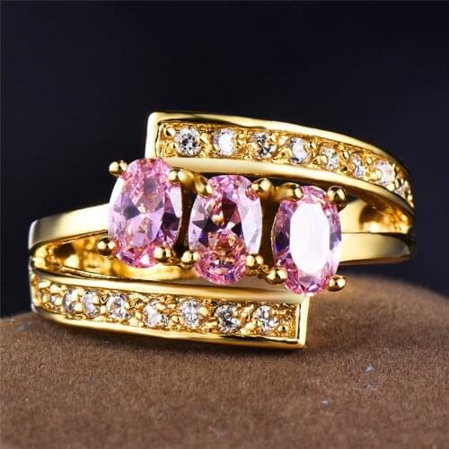 Luxury Female Pink Oval Zircon Stone Ring Vintage Yellow Gold Wedding Band Ring Promise Crystal Engagement Rings For Women