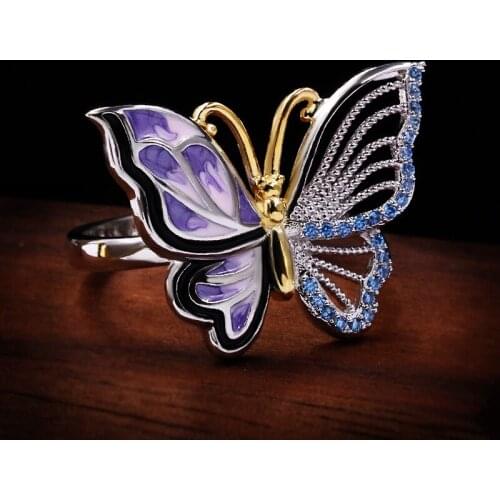 Colorful Butterfly Party Ring Bow Hollow Out Crystal Enamel Engagement Marriage Rings For Girl Fashion Jewelry Gifts Wholesale