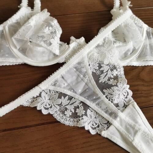 Sexy lace embroidery thin cutout T-pants bra set womens underwear set floral girl bralette with briefs suit