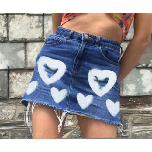 Y2K Harajuku summer High Waist Denim Skirt A Line Heart Print Mini Skirts Aesthetic Casual Cute Korean fashion Denim Skirt