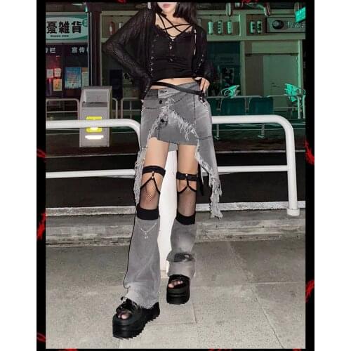 Summer Gothic Harajuku Denim Detachable Irregular Half Length Low Waist Skirts Hot Girl Fashion Punk Mini Skirts