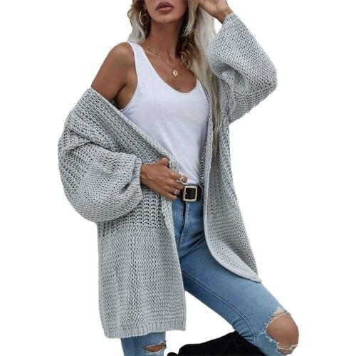 Hot Selling Womens Simple Style Knitted Cardigan Solid Color Long Trumpet Sleeve Hollow Out Knitwear
