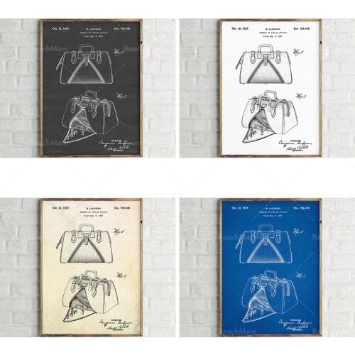 Affiche d'art de brevet de sac fourre-tout. Dessins de brevets de sacs à main. Décoration élégante rétro. Affiche vintage. Peint