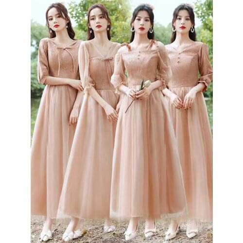 Bridesmaids Dresses Illusion A-Line Boat-Neck Half Spaghetti Straps Lace Tulle Button Floor-Length Women Wedding Party Gown E551
