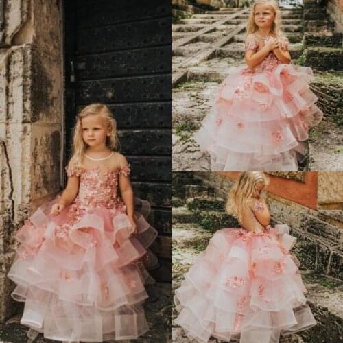 2019 Custom Made Flower Girl Dresses Tiered Ruffles Short Sleeve Lace Appliques Girls Communion Dress vestidos de fiesta