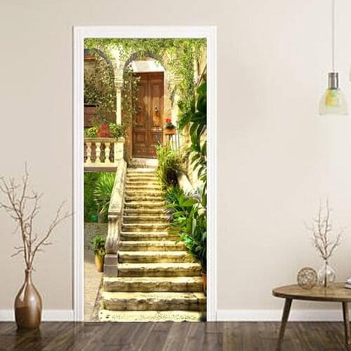 Door Sticker 3D Pastoral Stairs Landscape Wallpaper Living Room Restaurant PVC Self-Adhesive Waterproof Door Decals Wall Sticker
