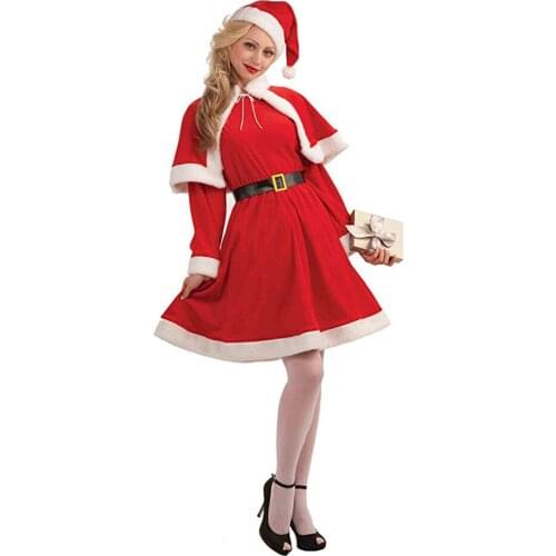 Snailify Women Miss Santa Costume Hat Dress Cape Belt 4 PCS Suit Adult New Year Costume Christmas Dress Santa Claus Cosplay