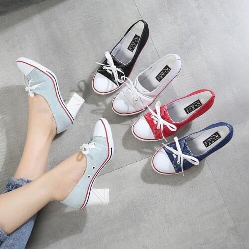 2019 Pumps Denim High Quality Shallow Mouth Womens Shoes High Heel 8CM Canvas Student Shoes Women New Board shoes size 34-41