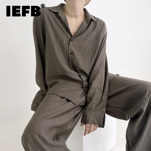 IEFB Korean Streetwear Pleated Texture Loose Long Sleeve Shirt Solid Casual Single Breasted Lapel Black Coffee Shirts 2021 New