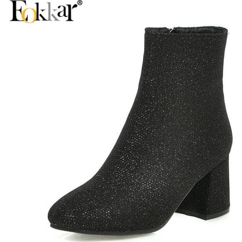 Eokkar 2020 Women Ankle Boot Square High Heel Zipper All Match Square Toe Winter Sequins Boots Glitter Ladies Booties Size 34-43