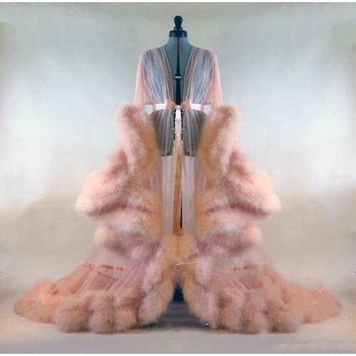 Pink Women Bathrobe Robe De Mariée Sexy Faux Fur Sleepwear Nightgown Long Sleeve Long Robe Spa Bridal Boudoir Robe Wedding