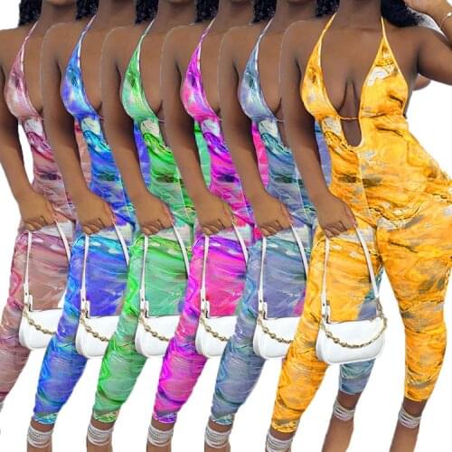 Bandage Tie Dye Print Hollow Out Sport Rompers Women Halter Deep V Neck Backless Bodycon Women Summer Fitness Jumpsuits Playsuit