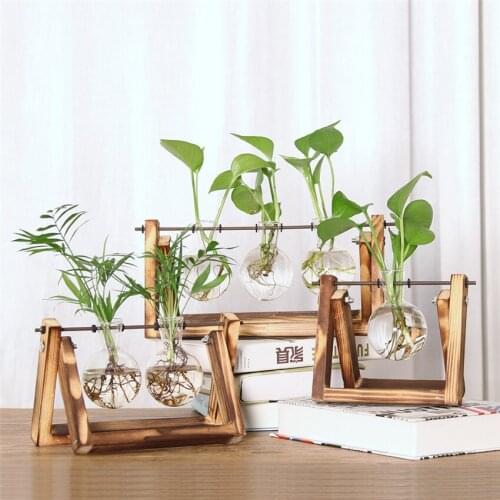 1Pc Hydroponic Vase With Wood Stand, Home Desktop Green Plant Bonsai Glass Transparent Vase Flowerpot Flower Vases Decoration