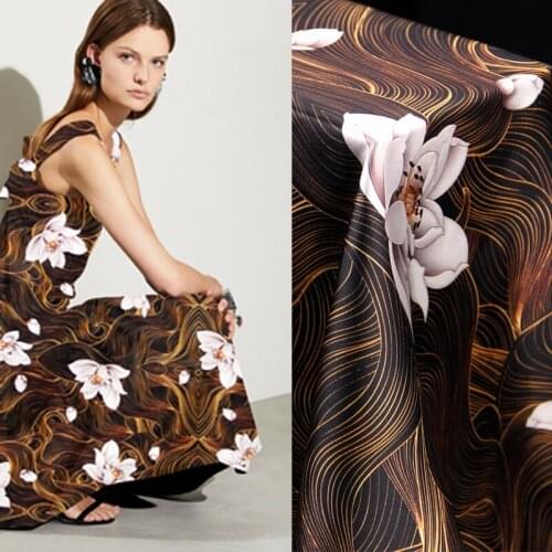 118CM Wide 19MM 93% Silk & 7% Spandex White Floral Print Stretch Golden Black Silk Satin Fabric for Dress Cheongsam Jacket D1116