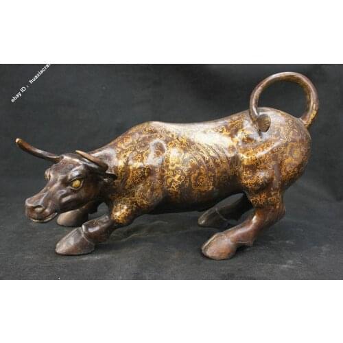 14" Chinese Fengshui Brass Bronze Auspicious Zodiac OX Cow Bull Cattle Sculpture