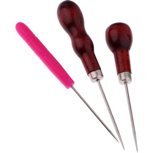 3Pcs Wooden Handle Scratch Awl Tool Pin Punching for Leather Pouch Hole DIY Handmade