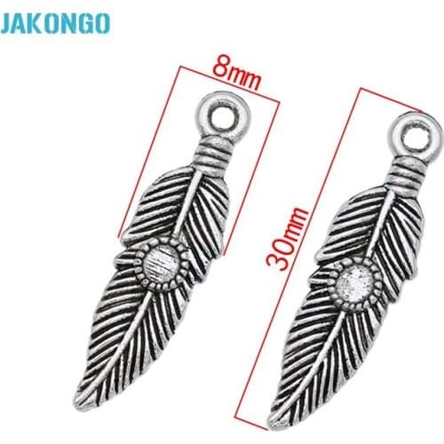 30pcs Antique Silver Plated Feather Charms Pendants for Jewelry Making Jewelry Findings DIY Handmade Craft 30x8mm