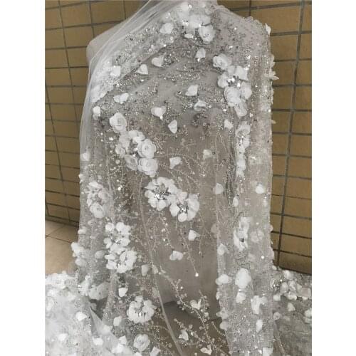 3D flowers embroidery french net lace fabric L-488881 with beads and sequins for party dress