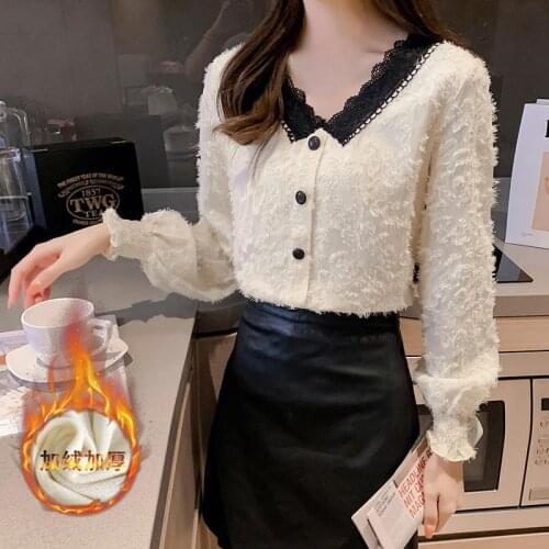 Blouse Women Autumn Winter V-neck Lace Collar Shirt Womens Long Sleeve Lace Stitching Blusas Mujer De Moda